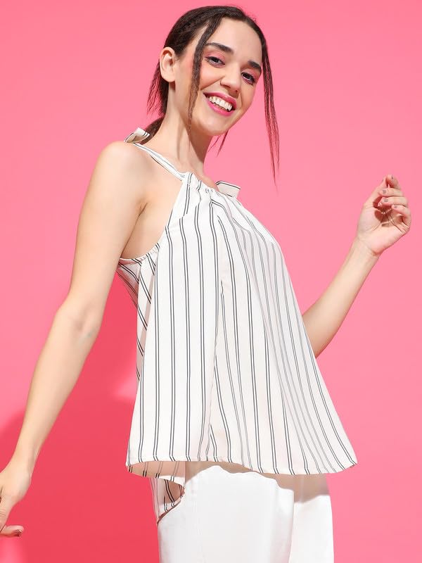 Image of oxolloxo Women Stripe Print Round Neck Shoulder Strap Tie-Knot Detail Sleevless Nightwear Top