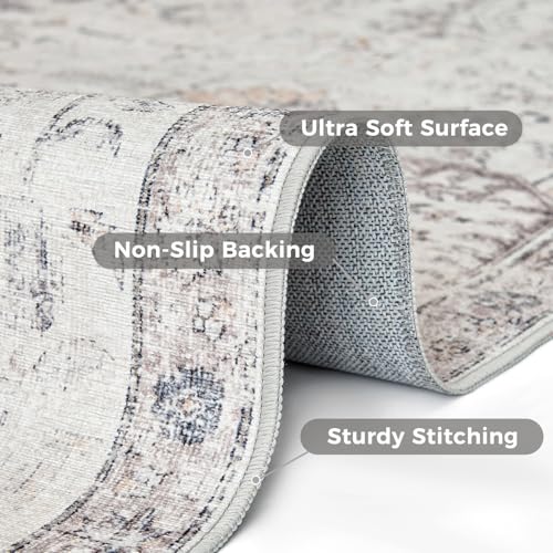 jinchan Kalen Area Rug 8x10 Washable Living Room Rug Vintage Indoor Large Floor Cover Retro Accent Mat Distressed Gray Floral Country Boho Non Slip Thin Carpet for Bedroom Dining Room Office Grey