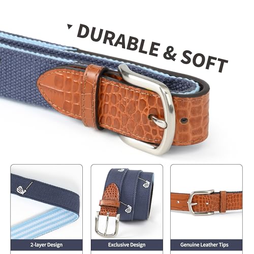 Mile High Life Golf Belts for Men, Canvas Belt with Genuine Leather Tips, Embroidered 2 Layer Web Belt with Pin Buckle2
