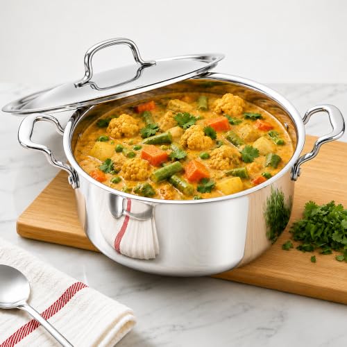 Image of SOLARA Triply Stainless Steel Deep Kadai with SS Lid, 24 cm | Heavy Bottom Tri Ply Cooking Pot for Boiling, Curry, Soup & Stew | Induction & Gas Compatible Stainless Steel Cookware