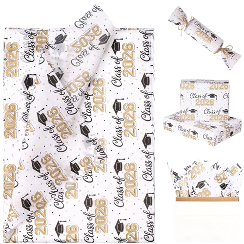 RUSPEPA Graduation Tissue Paper Sheets Gold & Black Class of 2026 with Grad Cap & Confetti Design Gift Wrapping Tissue Paper for Seniors Party Favors Graduation Gifts 19.5 x 27.5 Inches 25 Sheets