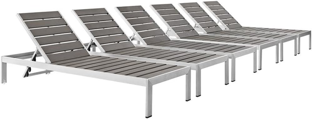 Pemberly Row Aluminum Patio Chaise Lounge Chair Set of 6, 12" H x 25" W x 76" D, Silver Gray Finish, Adjustable Recline with Wheels, Plastic Wood Accents, Outdoor Lounger for Patio or Pool