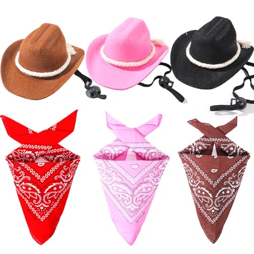 WoYous 6 Pieces Pet Cowboy Costume Set Dog Cowboy Hat with Bandana Cat Cowboy Accessories for Pet Cosplay Party Festival and Daily Wearing (Brown Black Pink, Small)