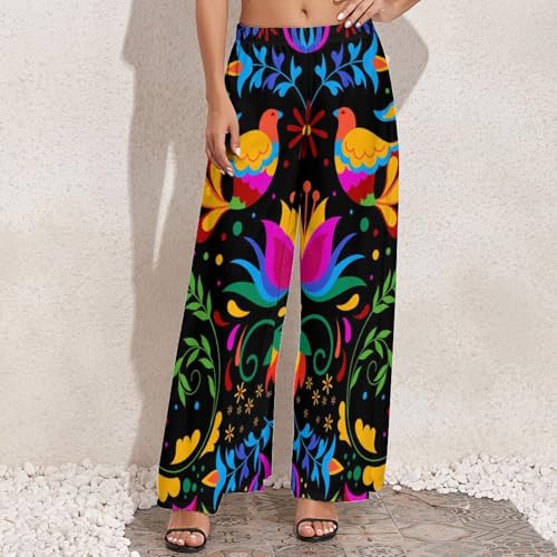 VOSERY Mexican Flower Traditional1 Palazzo Pants for Women, Comfy Womens Wide Leg Baggy Pants, Casual Lounge Pants for Women3