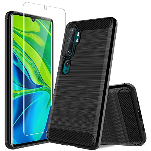 MP-MALL Funda para Xiaomi Mi Note 10 / Mi Note 10 Pro,[Anti-Huella Digital] Carcasa Protectora Cepillada TPU Suave Cover con Screen Protector[1 Pack] para Xiaomi Mi Note 10 - Negro