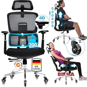 MELOKEA Bürostuhl Ergonomisch 200KG | 6P Verstellbare Rückenlehne | 4D-Armlehnen | Leises Gummirollen | Sitztiefe Verstellbar | Schreibtischstuhl Große Menschen | Ergonomisch Testsieger | EN12520