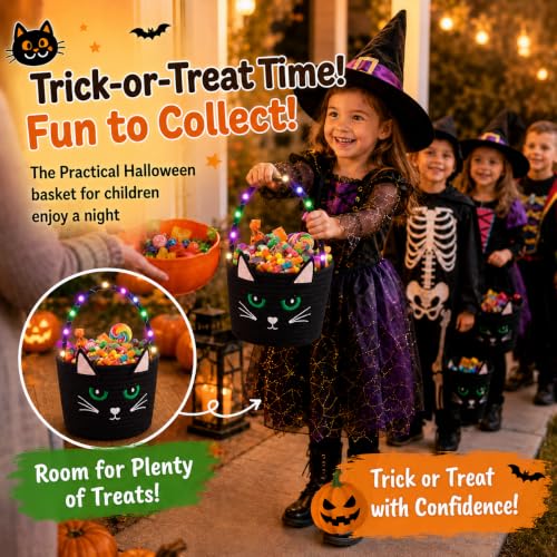 OIAHOMY Halloween Pumpkin Basket with LED Lights - Light Up Trick or Treat Bags for Toddlers & Kids, Soft Woven Cotton Rope Candy Bucket, Cute Reusable Boo Gift Basket for Holiday Party Decor Black - image 5