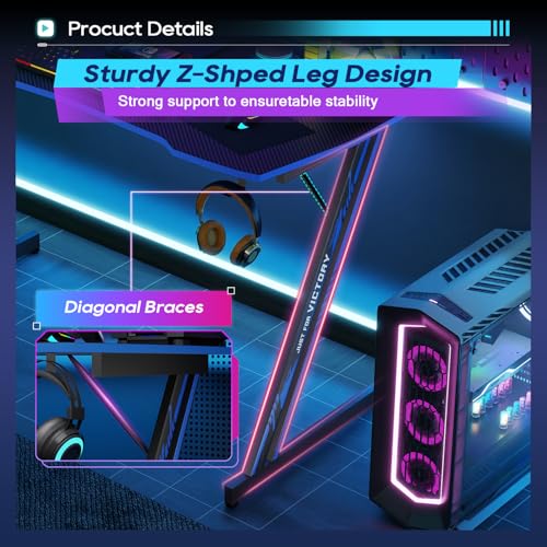 Image of BestOffice 39 inch Gaming Desk Computer Gaming Desk Z Shaped Gaming Workstation Ergonomic Gaming Table with Headphone Hook for Game Players,Black&Blue