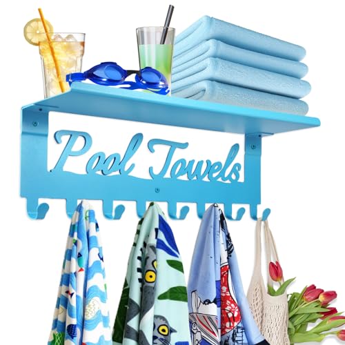 Blue Outdoor Pool Towel Rack with Shelf Pool Decor Wall Hooks Towel Holder Carbon Steel Hanger Organizer Pool Accessories for Hanging Towels, Robes, Clothes, Swimming Suit, Bags, Keys
