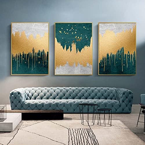 Peinture oiseau d'or paysage vert pour grand salon moderne triptyque chic
