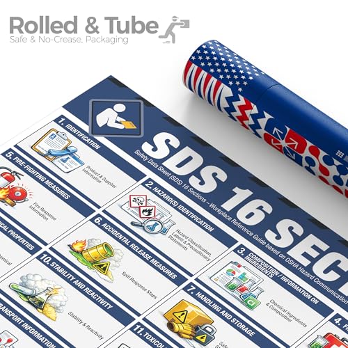 Image of SDS 16 Sections Poster - Safety Data Sheet Chart, OSHA HazCom Workplace Reference Guide, Waterproof, Tear-Resistant Chemical Safety Training Sign