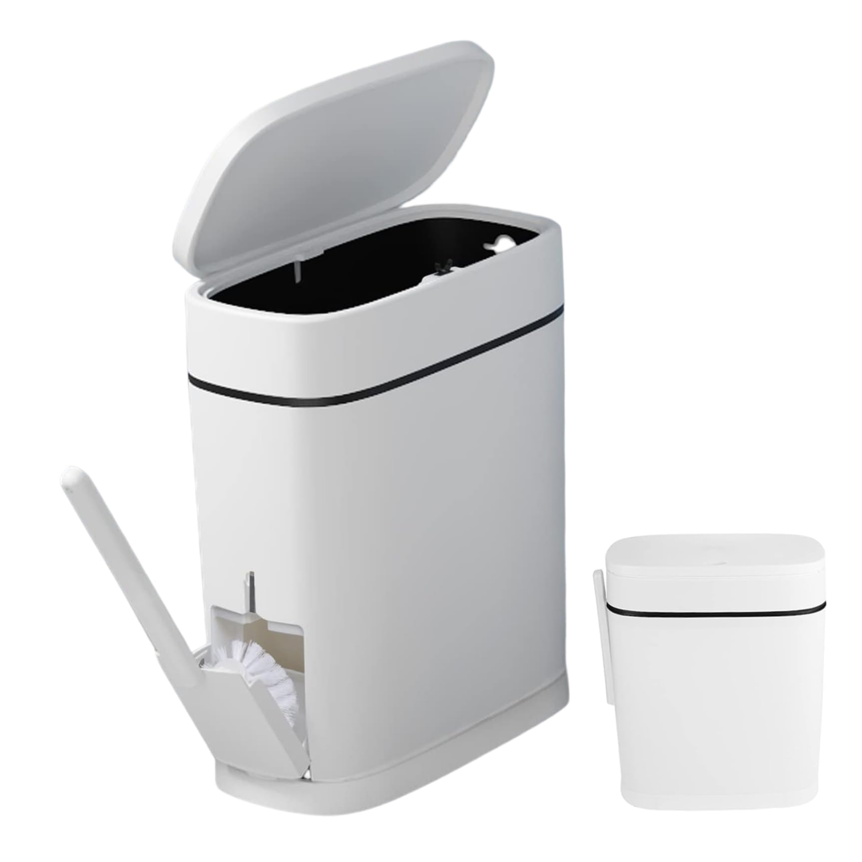 CAKEEYUM Bathroom Bin with Toilet Brush Holder 14L Slim Trash Can White Wastebasket Garbage Bin with Press Top Lid for Kitchen