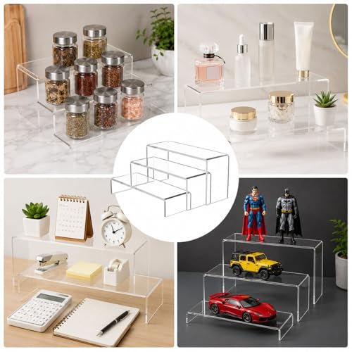 Image of SMILEDRIVE Acrylic Stand for Display, 5mm Thick Acrylic Risers, Set of 3 | Clear, Stackable Display Shelves, For Jewellery, Bakery, Cosmetics, Perfumes, Collectibles