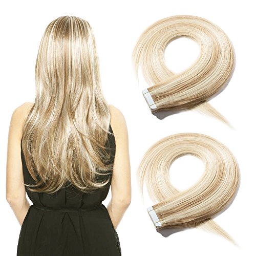 18-20 Inch Tape in Human Hair Extensions 100% Remy Straight Human Hair Professional Seamless Tape Skin Weft Extensions 20pcs 50g/pack Ash Blonde Mixed Bleach Blonde (20'',#18/613)+ 10pcs Free Tapes