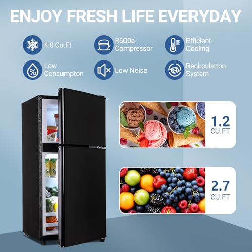 Image of Mini Fridge with Freezer 3.9 Cu. Ft. Small Refrigerator with Adjustable Thermostate, Dorm Size Compact Fridge with Freezer 7-Level Temperature, Office Refrigerator for Apartment, College, Black
