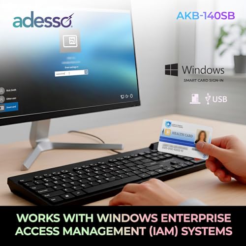 Image of Adesso AKB-140SB Desktop Keyboard with Built-in Smart Card Reader 104-Key Full Size Low Profile Membrane USB Wired for Windows PC Secure Login Banking Healthcare Office