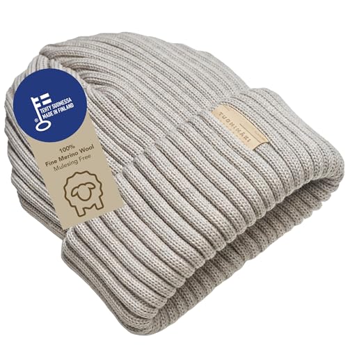 Gorro de lana merino para hombre y mujer, 100 % lana merino extrafina, fabricado en Finlandia, gris, talla única, perfecto para días fríos, gorro de invierno para hombre, gorro de punto de merino