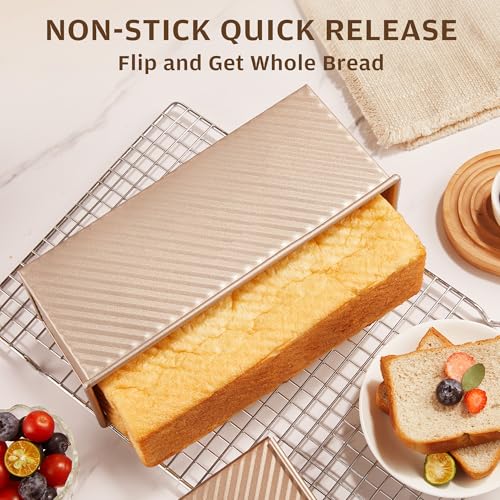 Image of KITESSENSU Pullman Loaf Pan with Lid, 2 lb Dough Capacity, Gold | Nonstick Carbon Steel Japanese Milk Bread Loaf Pan, Square Toast Mold for Sandwich Bread, Sourdough Loaves & Homemade Bread