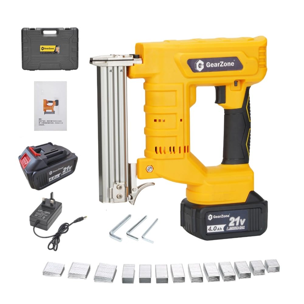 21v Cordless Staple Gun Brad Nailer with Fast Charger and 2pcs Lithium Battery 1000pcs Straight Nails and 1000pcs Code Nails Packed in Tool Case