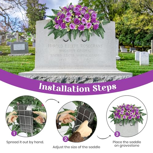 ICX Cemetery Flowers for Grave Saddle, Artificial Rose Memorial Flowers, Headstone Flower Saddle, Cemetery Memorial Flowers for Outdoor Tombstone Decorations for Remberance (Purple image 7