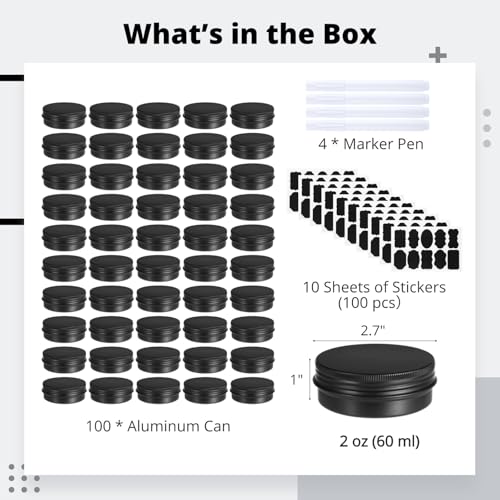 100PCS Metal Round Tins, 2 oz Black Aluminum Tin Cans Containers with Screw Lid for Lotion Bars, Balms, Salve, Spices or Beard Balm, DIY Candle Making Jar2