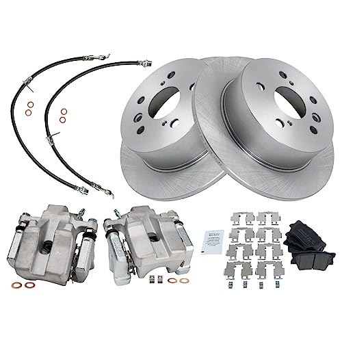 Image of TRQ Rear Brake Pad and Rotor Set Semi Metallic Rotors Calipers Hoses | For 2007-2012 Lexus ES350 2008-2012 Toyota Avalon 2007-2011 Camry
