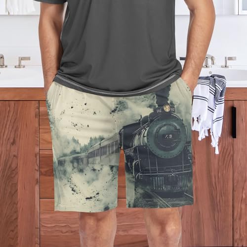 Mens Sleep Shorts Vintage Train Painting, Elastic Pajama Pants Sleepwear with Pockets S 6