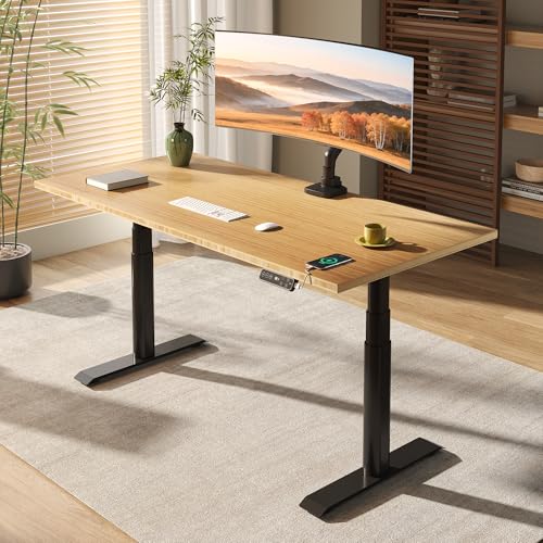 Image of FLEXISPOT E6 Pro Large 72 inch x 30 inch Organic Modern Bamboo Standing Desk, Electric Dual Motor 3-Stage Height Adjustable Desk with Oval Legs, Heavy Duty 330lbs, Bamboo Desktop, Black Frame
