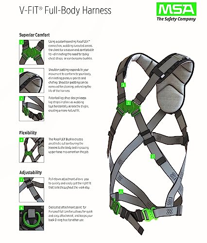 Image of MSA V-FIT Standard Safety Harness - Polyester & Nano-Technology Treated Web Full Body Harness Back, Shoulder Padding, Gray