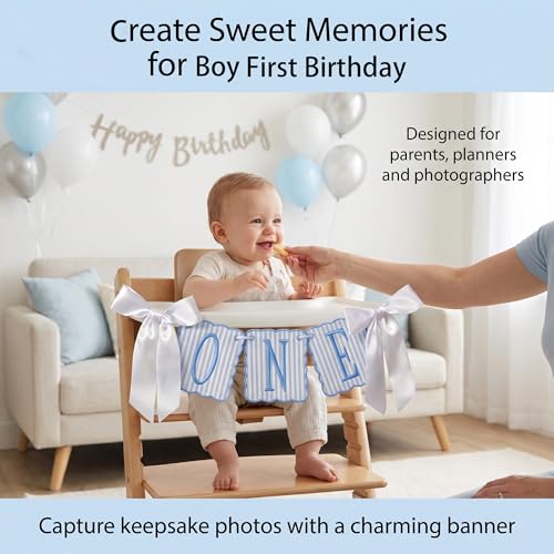 Image of Blue and White Striped ONE High Chair Banner Boy Light Blue Vertical Stripe Embroidered 1st Birthday Highchair Banner First Birthday Decorations for Boy (Blue Stripes)