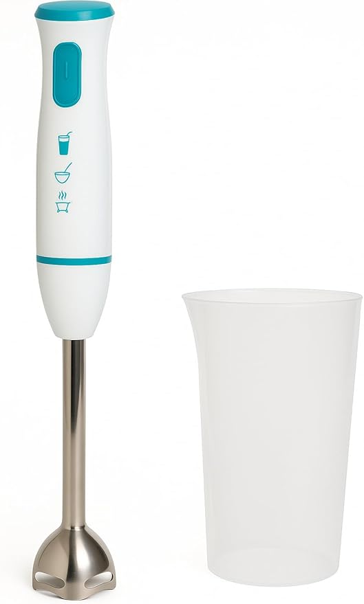 Batidora de mano 400W con vaso medidor 800ml, 2 velocidades, cuchillas de acero inoxidable, ligera y compacta para papillas, purés, salsas y smoothies, fácil limpieza, MaxellPower (BLANCO 400W)