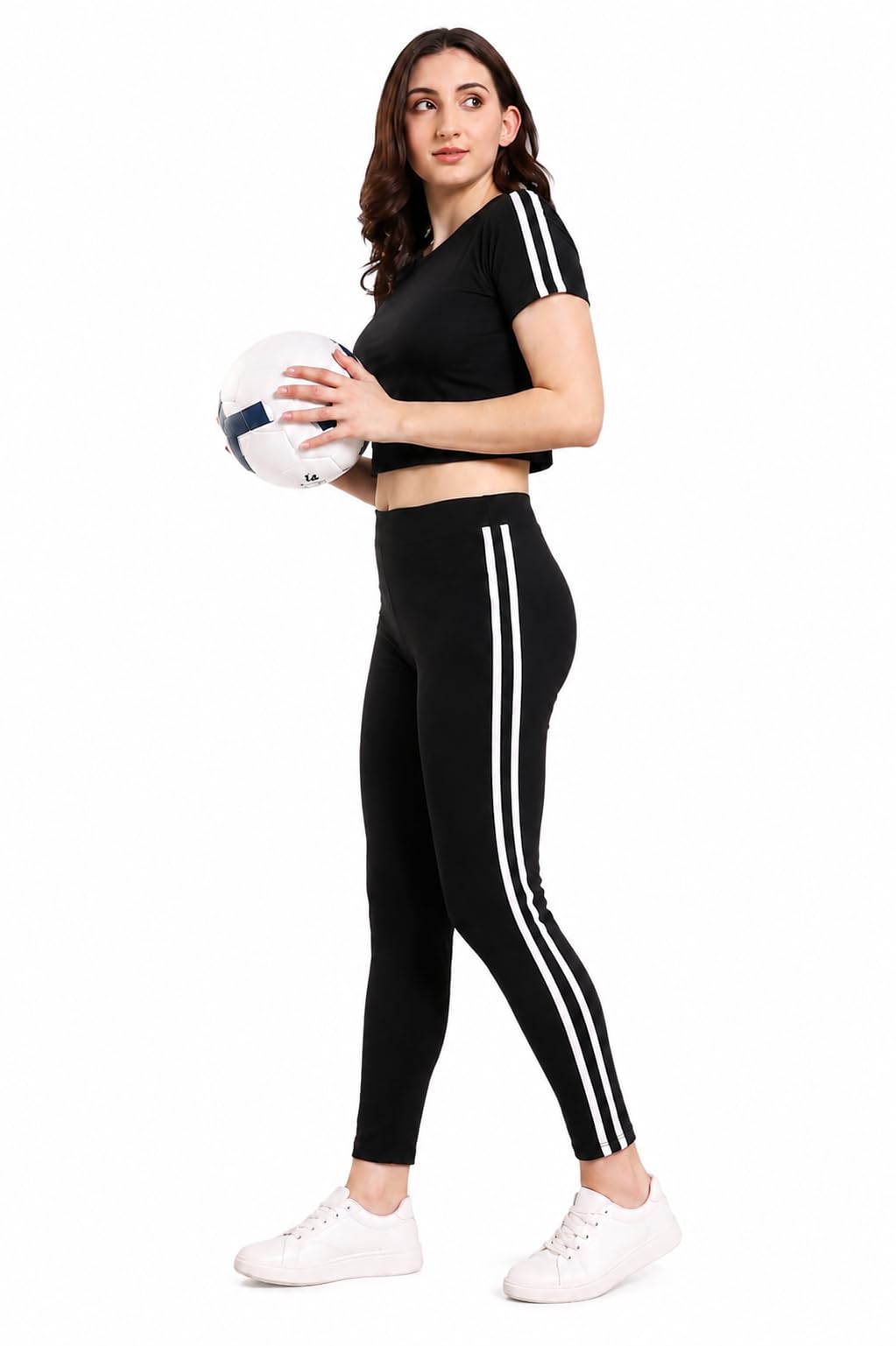 Women's Sporty T-Shirt and Leggings Set, Black with White Stripes-picture-34