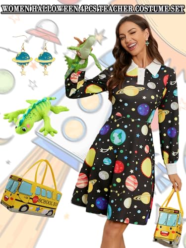 Image of Womens long Sleeve Peter Pan Collar Aline Dress for Halloween Role Play Party Teacher Costume with Bus Bag