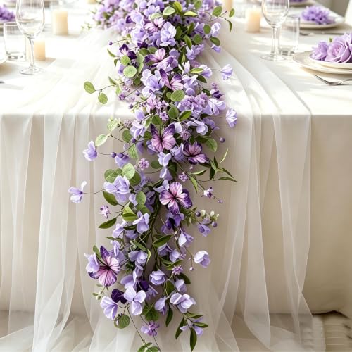 Artificial Purple Flower Garland, 6FT Fake Butterfly Floral Vine Swag with Eucalyptus Leaves, Wedding Table Runner Centerpiece, Hanging for Wedding Arch, Mantle, Bridal Shower Dining Table Home Decor