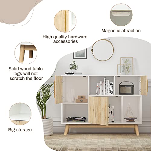Wersmt 39 Inch Multifunctional White Wood Legs Sideboard 6 Area Storage Space For Kitchen, Dining Room, Entryway, Living Room Cabinet, White & Oak #TOP3