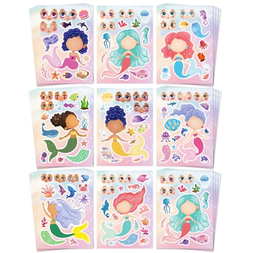 Aowplc 32 Sheets Mermaid MakeAFace Stickers for Kids Mermaid Party Favors for Girls Birthday Crafts Goodie Bag Stuffers