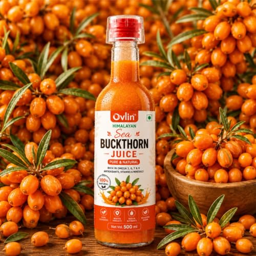 Image of Ovlin Himalayan Sea Buckthorn Juice 500ml | 100% Natural | Rich in Omega 3, 6, 7 & 9, Antioxidants, Vitamins & Minerals | No Added Sugar | Supports Immunity, Skin & Digestion (Pack of 2)
