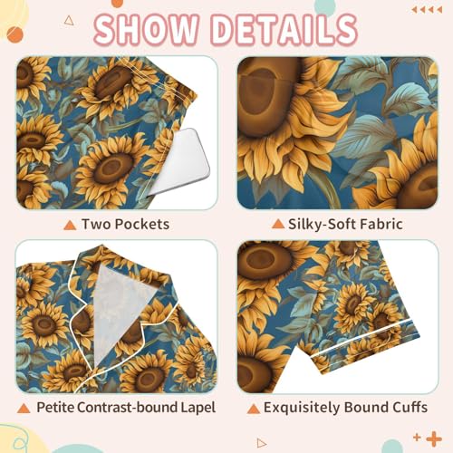 senya Sunflower Navy Satin Summer Pajama Sets Silk Short Sleeve Button Down Sleepwear3