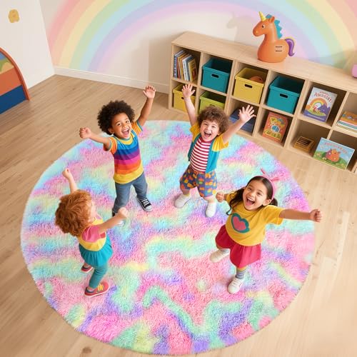 Rainbow Round Rug for Bedroom, 5Ft Fluffy Circle Area Rugs for Living Room, Shag Fuzzy Carpet for Kids Room, Nursery, Dorm, Classroom, Teen, Cute Baby Play Mat Home Decor Aesthetic
