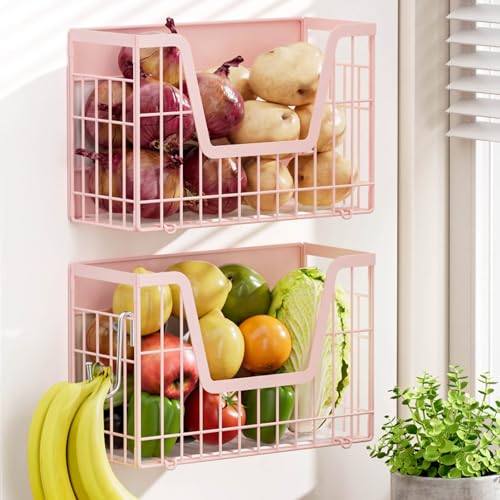 Image of Pink Magnetic Shelf for Fridge, 2 Set Magnetic Fruit Baskets for Refrigerator Magnet Shelves, Potato and Onion Storage Bins, Magnet Holder Wire Basket for Laundry Room Pantry Kitchen Organizer