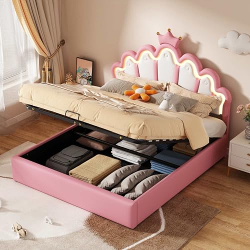 KOMHTOM Lit Rembourré avec Bande Lumineuse LED Ajustable, Lit de Princesse en Forme de Couronne,...