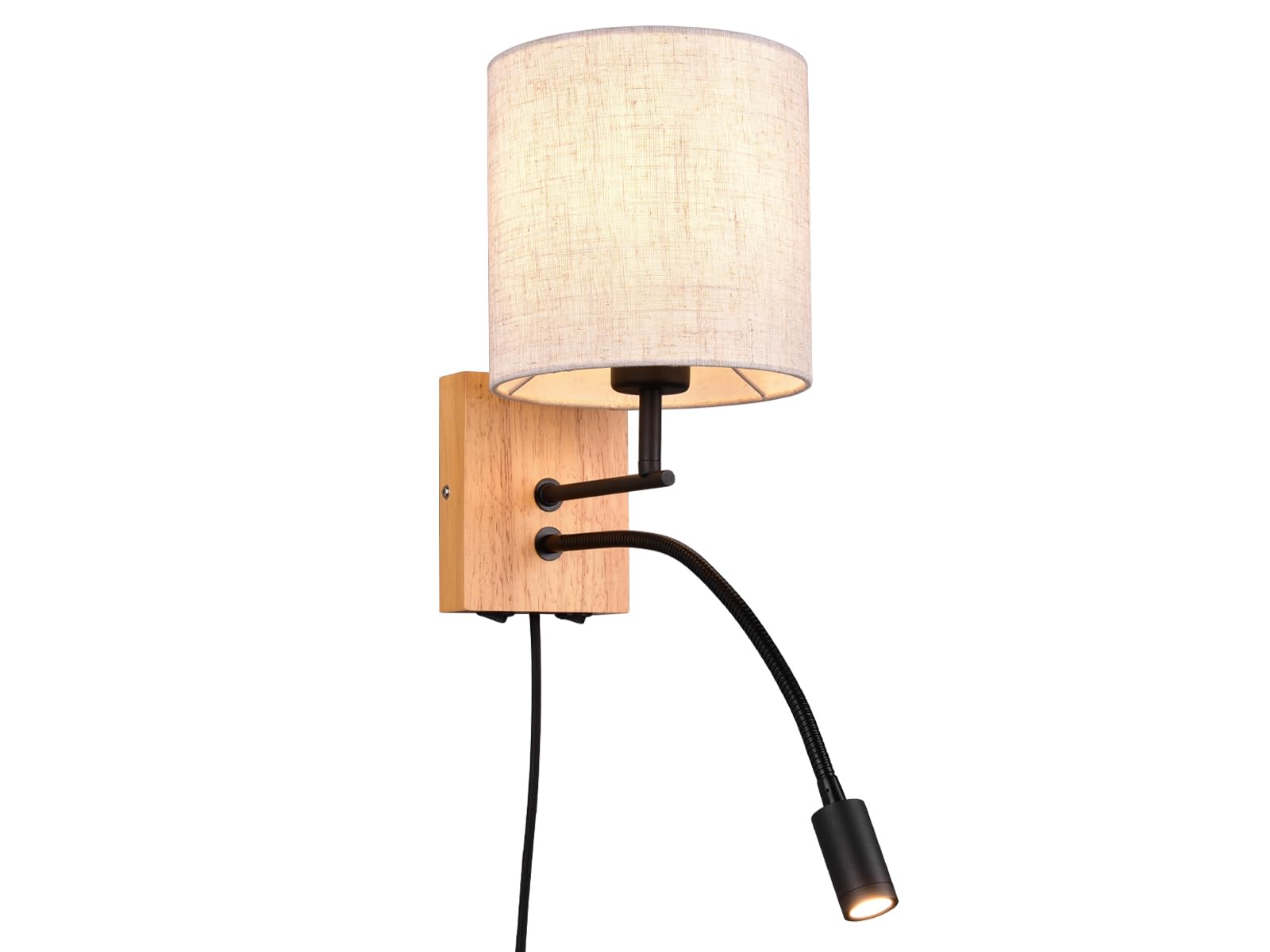 Wandleuchte mit Leselampe, Schalter, Kabel und Stecker, Stoff Lampenschirm rund Leinen Beige, Wandplatte Holz, Höhe 30cm inkl. stufenweise dimmbarem E27 Leuchtmittel, Design skandinavisch