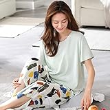 MIVY Schlafanzüge Für Damen,Damen-Pyjama-Sets Aus Baumwolle, 2-Teilig, Mit Grünem Geometrie-Graffiti-Print, Rundhalsausschnitt, Nachtwäsche, Weich, Kuschelig, Kurzärmlig, Oberteile Und Caprihosen, P