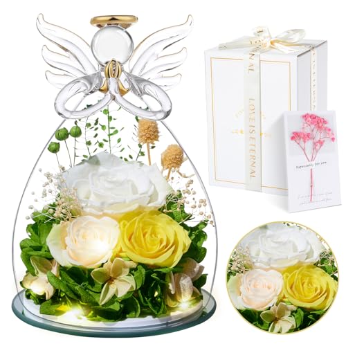 Rosa Eterna Regalos Originales para Mujer San Valentín, Flores Preservadas en Ángel Figura, Regalos para Mamá Madre Abuela Esposa Novia, Cumpleaños Navidad Acción de Gracias Aniversario, Blanco
