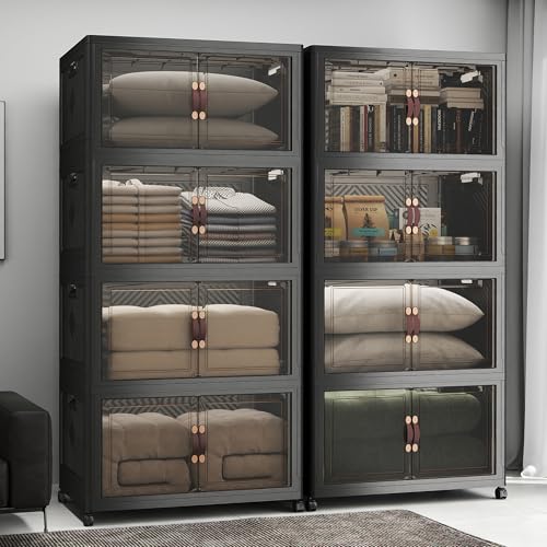 Image of UAMFURI Stackable Storage Bins with Lids, 1440QT Lockable Storage Cabinet | Folding Storage Box with Doors and Wheels, Collapsible Plastic Drawers for Home, Garage, Office