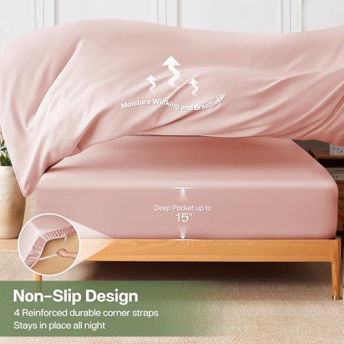 MR&HM Twin Sheets Set, 3-Piece Cooling Sheets, Rayon Derived from Bamboo & Polyester Blend, Soft & Silky, 15" Deep Pockets with Elastic Straps, Hotel Luxury for Hot Sleepers, Pink