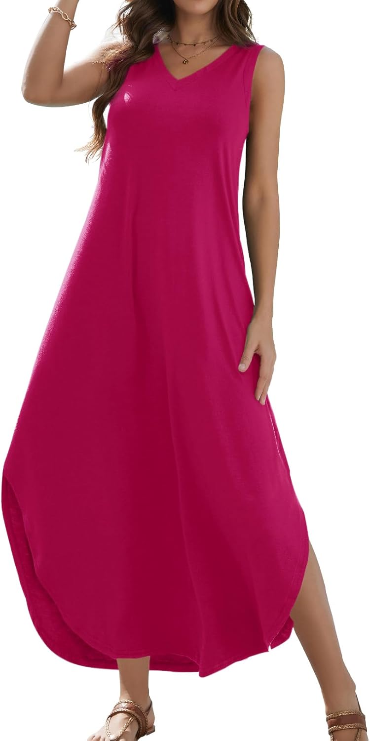 Zilcremo Women's Summer Casual Loose Sundress Long Dress Sleeveless V Neck Split Tshirt Maxi Dresses