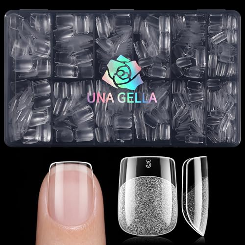 Image of UNA GELLA 600pcs Extra Short Square Nail Tips, Pre Etched XS Short Square Gel Nail Tips, Soft Gel Clear Fake Nails Full Cover for DIY Nails Salon At Home 12 Sizes
