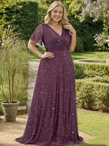 Image of Ever-Pretty Plus Women's Glitter Formal Dress Evening Gown for Gala V-Neck Short Sleeve Floor Length Plus Size Prom Dresses