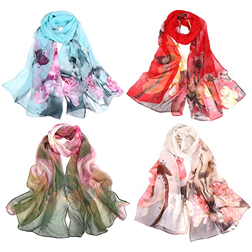 Pack of 4 Chiffon Floral Scarf for Women Fashion Shawls Wraps Lightweight Large Neck Scarves